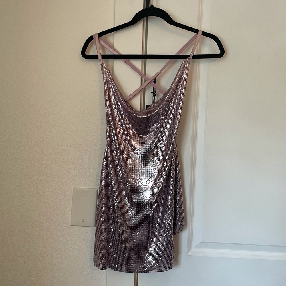 White Fox Boutique Pink Sequin Cowl Neck Mini Dress